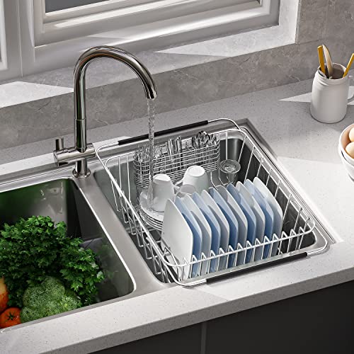 Jobemin Dish Drainer Rack in Sink Adjustable, Expandable 304 Stainless Steel Metal Dish Drying Rack Organizer with Stainless Steel Utensil Holder Over Inside Sink Counter, Rustproof