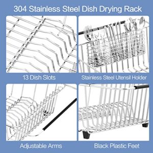 Jobemin Dish Drainer Rack in Sink Adjustable, Expandable 304 Stainless Steel Metal Dish Drying Rack Organizer with Stainless Steel Utensil Holder Over Inside Sink Counter, Rustproof