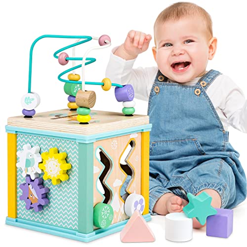 Wooden Activity Cube Montessori Toys for 18M+ Toddlers 1-3 Learning Toys for 1 + Year Old Boys Girls Baby Sensory Interactive Toys Birthday Gift