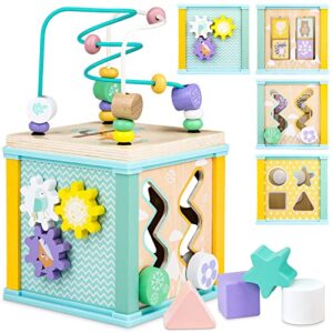 wooden activity cube montessori toys for 18m+ toddlers 1-3 learning toys for 1 + year old boys girls baby sensory interactive toys birthday gift