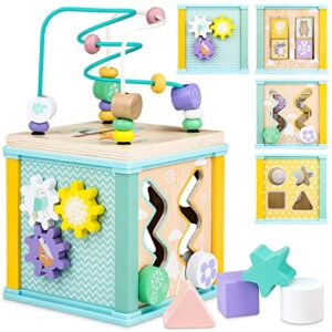 Wooden Activity Cube Montessori Toys for 18M+ Toddlers 1-3 Learning Toys for 1 + Year Old Boys Girls Baby Sensory Interactive Toys Birthday Gift