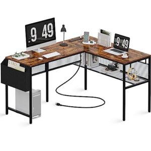 praisun l shaped office desk with power outlets, reversible computer desk with grid bookshelf and storage bag, gaming desk, home office desk corner desk with hooks, rustic brown