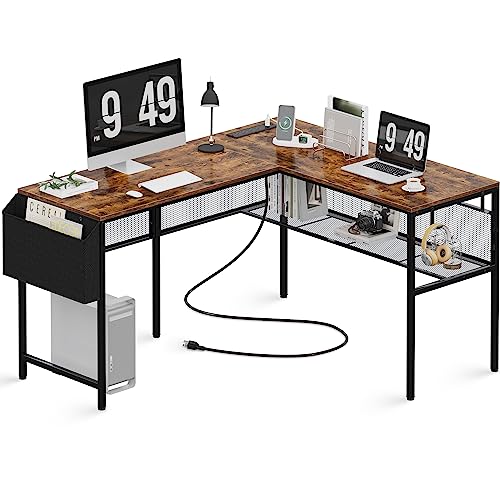 PRAISUN L Shaped Office Desk with Power Outlets, Reversible Computer Desk with Grid Bookshelf and Storage Bag, Gaming Desk, Home Office Desk Corner Desk with Hooks, Rustic Brown