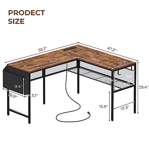 PRAISUN L Shaped Office Desk with Power Outlets, Reversible Computer Desk with Grid Bookshelf and Storage Bag, Gaming Desk, Home Office Desk Corner Desk with Hooks, Rustic Brown