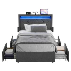 vasagle led bed frame twin size with headboard and 4 drawers, 1 usb port and 1 type c port, adjustable upholstered headboard, no box spring needed, dark grey urmb823g71