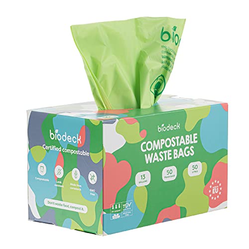 Biodeck 100% Compostable Waste Bags 13 Gallon / 50 L | Kitchen Food Scrap/Organic Waste Bags certified Biodegradable, HOME Compostable EN13433