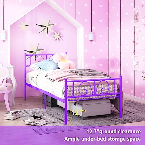 GIME Purple Metal Platform Bed Frame Twin Bed Frames with headboard for Ki‘ds