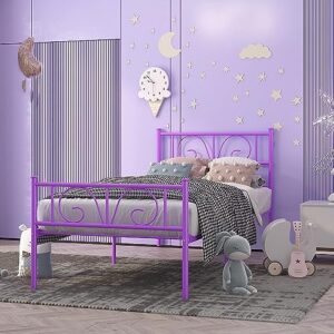 GIME Purple Metal Platform Bed Frame Twin Bed Frames with headboard for Ki‘ds