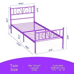 GIME Purple Metal Platform Bed Frame Twin Bed Frames with headboard for Ki‘ds