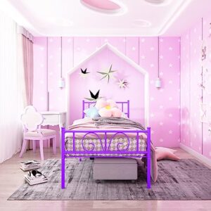 GIME Purple Metal Platform Bed Frame Twin Bed Frames with headboard for Ki‘ds