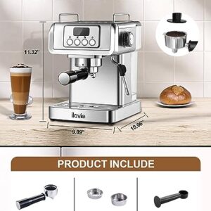 ILAVIE 20 Bar Espresso Machine, Stainless Steel Espresso Coffee Machine for Cappuccino, Latte, Espresso Maker for Home, Automatic Espresso Machine with Milk Steamer, 1.8L Water Tank, 1350W