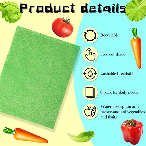 Poen 8 Pcs Fruit and Veggie Life Extender Liner 12 x 15 Inch Sponge Fridge Shelf Mat Green Washable Refrigerator Liners Fridge Drawer Pads Liner, Extends Life of Your Produce and Keep Food Fresh