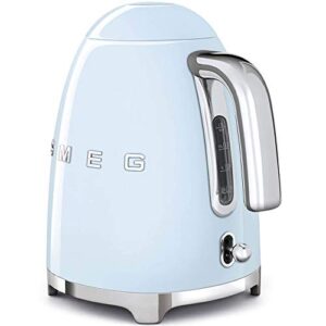 Smeg 50's Retro Style Aesthetic Drip Filter Coffee Machine, 10 cups, Pastel Blue & KLF03PBUS 50's Retro Style Aesthetic Electric Kettle with Embossed Logo, Pastel Blue, 9 Cup