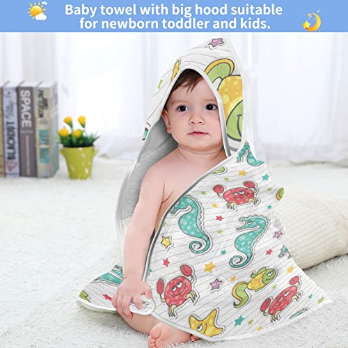 Pigsaly Starfish Seahorse Crab Fish Star Hooded Baby Towel Cartoon Sea Creatures Baby Bath Towel Unisex Soft Organic Cotton Washcloths Toddlers Shower Gifts for Boys Girls Newborn 30 x 30 in