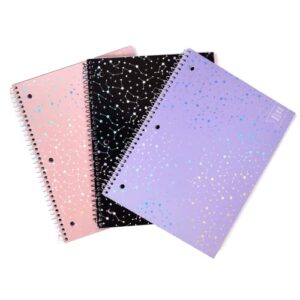 yoobi college ruled spiral notebook set - 3-pack of 1 subject notebooks, pink, purple & black celestial patterns - 150 perforated 3-hole punched sheets, for school, office & home - 10.5” x 8”