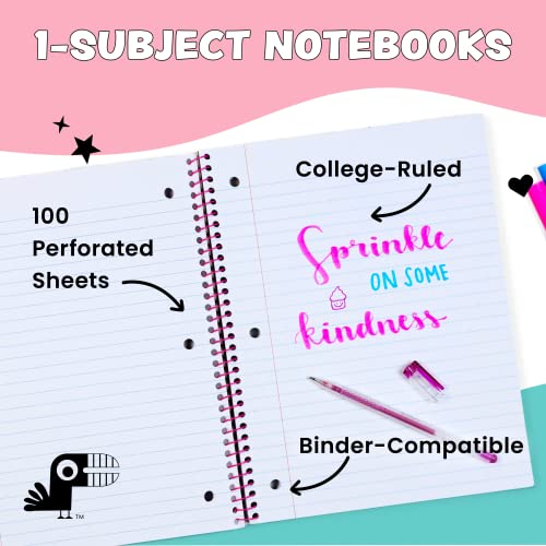 Yoobi College Ruled Spiral Notebook Set - 3-Pack of 1 Subject Notebooks, Pink, Purple & Black Celestial Patterns - 150 Perforated 3-Hole Punched Sheets, For School, Office & Home - 10.5” x 8”