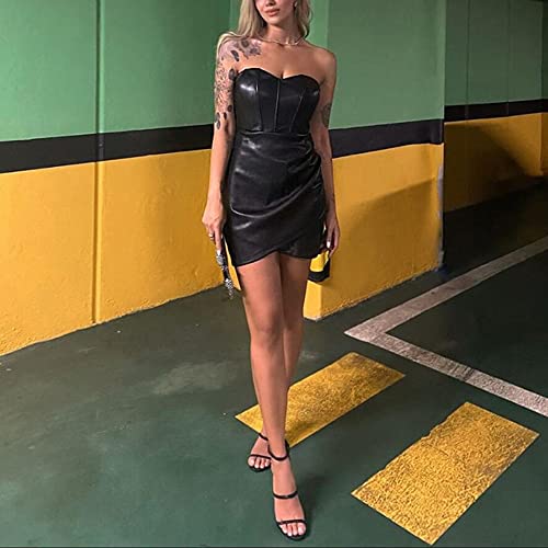 Eilova Orityle Women PU Leather Dress Skirt Sexy Deep V Neck Ruched Latex Dress Party Cocktail Wrap Hip Mini Dresses Club Bodycon