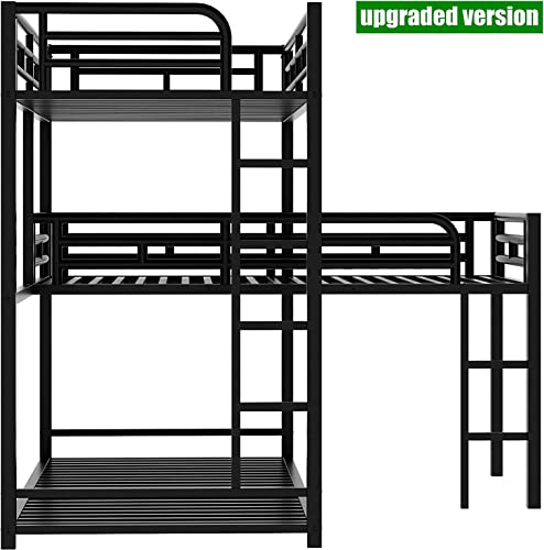 SNIFIT Latest Upgraded & Stronger Steel Metal L Shape Triple Bunk Bed Twin Over Twin Over Twin, Thicken Reinforced Twin Triple Bunk Bed Frame L Shaped for 3 with Safer Ladder, Black (Easier Assembly)