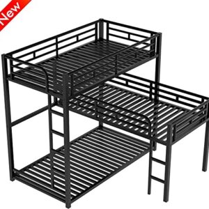 SNIFIT Latest Upgraded & Stronger Steel Metal L Shape Triple Bunk Bed Twin Over Twin Over Twin, Thicken Reinforced Twin Triple Bunk Bed Frame L Shaped for 3 with Safer Ladder, Black (Easier Assembly)