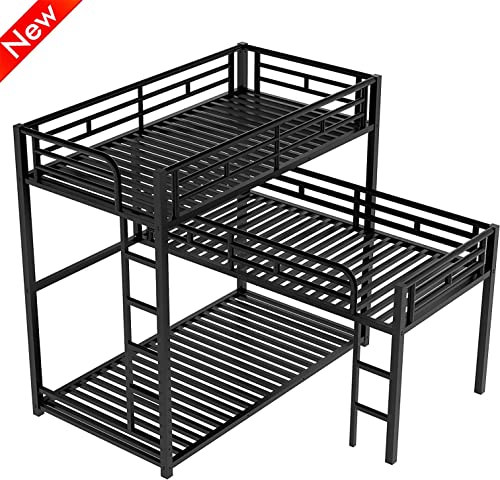 SNIFIT Latest Upgraded & Stronger Steel Metal L Shape Triple Bunk Bed Twin Over Twin Over Twin, Thicken Reinforced Twin Triple Bunk Bed Frame L Shaped for 3 with Safer Ladder, Black (Easier Assembly)