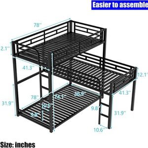 SNIFIT Latest Upgraded & Stronger Steel Metal L Shape Triple Bunk Bed Twin Over Twin Over Twin, Thicken Reinforced Twin Triple Bunk Bed Frame L Shaped for 3 with Safer Ladder, Black (Easier Assembly)