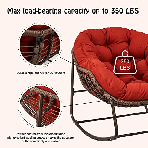 Hubhalsun Deluxe Patio Rocking Chair, Oversized Rattan Egg Rocking Chair, Indoor & Outdoor, Padded Cushion Rocker Recliner Chair for Front Porch, Garden, Patio, Backyard(Red)