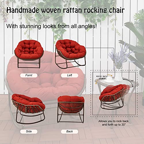 Hubhalsun Deluxe Patio Rocking Chair, Oversized Rattan Egg Rocking Chair, Indoor & Outdoor, Padded Cushion Rocker Recliner Chair for Front Porch, Garden, Patio, Backyard(Red)