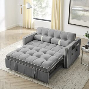 homsof modern 55.5" pull out sleep bed 2 seater loveseats sofa couch with side pockets adjsutable backrest and lumbar pillows for apartment office living room, style e, grey
