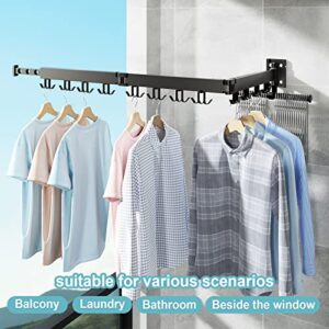 Kenvc 【Upgrade】 Wall Mounted Clothes Drying Rack,Laundry Drying Rack Wall Mount,Drying Rack Clothing for Laundry,3-Pole Collapsible,Retractable Clothes Drying Rack for Laundry,24 Hooks (Black)