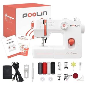 poolin simple sewing machine - 26 stitch applications, adjustable stitch length, with complete accessory kits & foot pedal, 5 included presser feet, suitable for adults