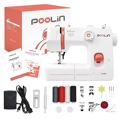 POOLIN Simple Sewing Machine - 26 Stitch Applications, Adjustable Stitch Length, With Complete Accessory Kits & Foot Pedal, 5 Included Presser Feet, Suitable for Adults