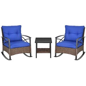 outsunny 3 piece rocking bistro set, outdoor wicker patio furniture, 2 porch rocker chairs with glass coffee table, tufted cushions, patio conversation set, dark blue