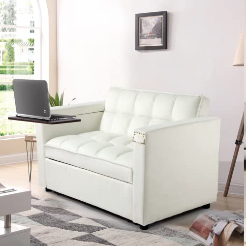 Convertible Sofa Bed, 3-in-1 Multi-Functional Velvet Sleeper Couch Pull-Out Bed, 48'' Loveseat Bed Chaise Lounge with Adjustable Backrest and Pillows, Hidden Side Table for Living Room, Small Space