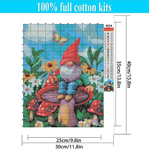 Gnome Stamped Cross Stitch Kits - Spring Flower Mushroom Counted Cross Stitch Kits for Beginners Adults Needlepoint Cross-Stitch Patterns Dimensions Needlecrafts Embroidery Kits Arts and Crafts