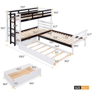 n/a Twin Size L-Shaped Bunk Bed and Platform Bed with Trundle and Drawer,White