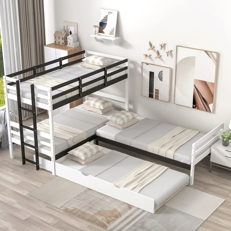 n/a Twin Size L-Shaped Bunk Bed and Platform Bed with Trundle and Drawer,White