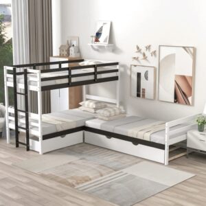 n/a Twin Size L-Shaped Bunk Bed and Platform Bed with Trundle and Drawer,White