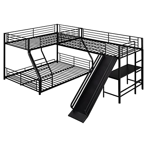 n/a L-Shaped Twin Over Full Bunk Bed with Twin Size Loft Bed,Built-in Desk and Slide,Black