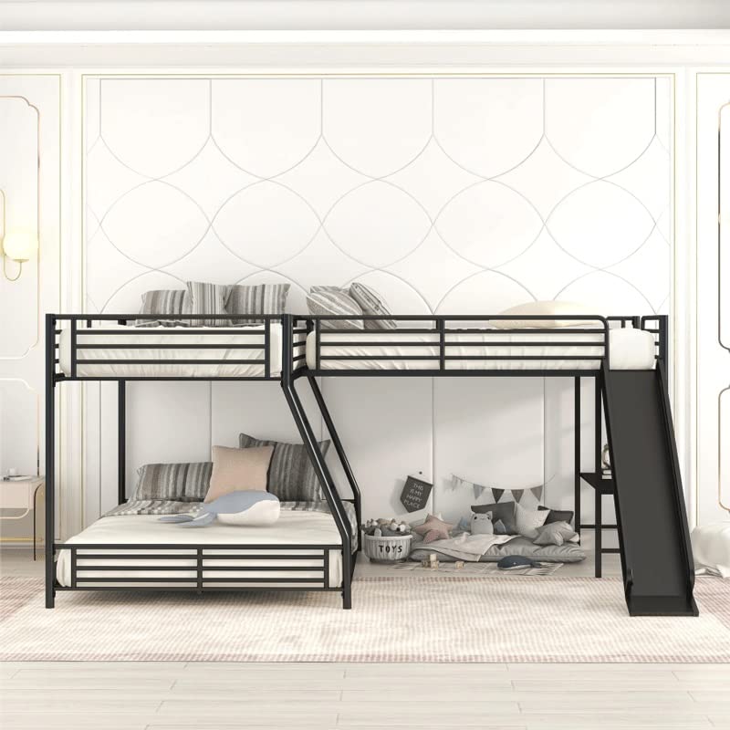 n/a L-Shaped Twin Over Full Bunk Bed with Twin Size Loft Bed,Built-in Desk and Slide,Black