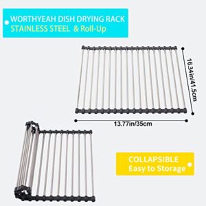 Worthyeah Dish Drying Rack - Over The Sink Dish Drying Rack - Roll-Up Dish Drying Rack for Kitchen Sink - Stainless Steel Sink Drying Rack - Kitchen Sink Accessories