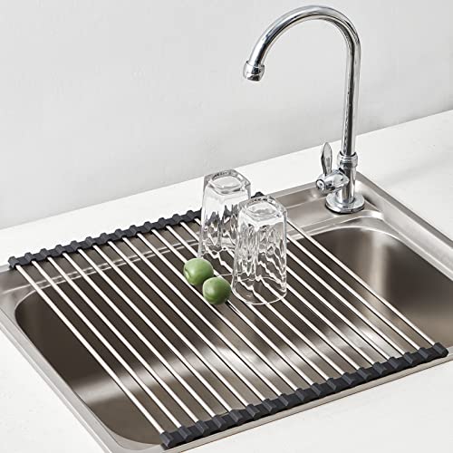 Worthyeah Dish Drying Rack - Over The Sink Dish Drying Rack - Roll-Up Dish Drying Rack for Kitchen Sink - Stainless Steel Sink Drying Rack - Kitchen Sink Accessories