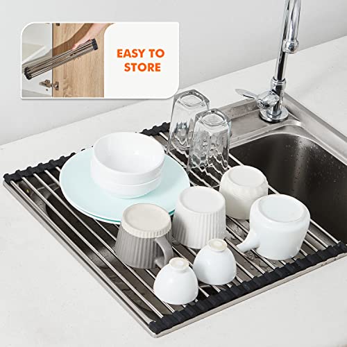 Worthyeah Dish Drying Rack - Over The Sink Dish Drying Rack - Roll-Up Dish Drying Rack for Kitchen Sink - Stainless Steel Sink Drying Rack - Kitchen Sink Accessories