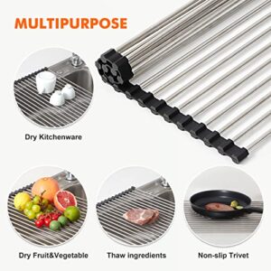 Worthyeah Dish Drying Rack - Over The Sink Dish Drying Rack - Roll-Up Dish Drying Rack for Kitchen Sink - Stainless Steel Sink Drying Rack - Kitchen Sink Accessories