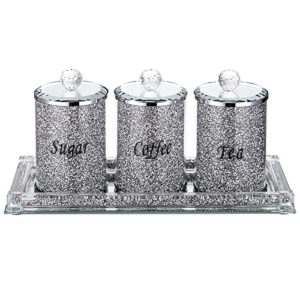 juxyes set of 4 sparky glass crushed diamonds canisters set for sugar coffee tea features tray, luxurious storage containers sets with lids decorative storage pots for kitchen counter dining room