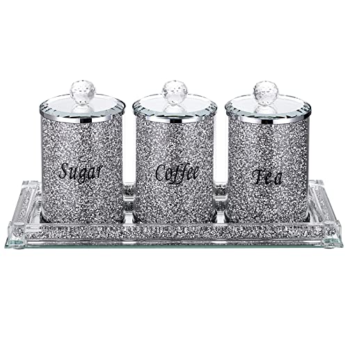 JUXYES Set of 4 Sparky Glass Crushed Diamonds Canisters Set for Sugar Coffee Tea Features Tray, Luxurious Storage Containers Sets with Lids Decorative Storage Pots for Kitchen Counter Dining Room