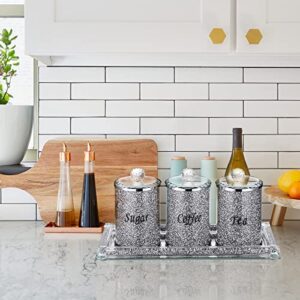 JUXYES Set of 4 Sparky Glass Crushed Diamonds Canisters Set for Sugar Coffee Tea Features Tray, Luxurious Storage Containers Sets with Lids Decorative Storage Pots for Kitchen Counter Dining Room