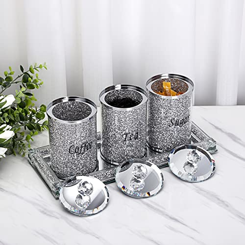 JUXYES Set of 4 Sparky Glass Crushed Diamonds Canisters Set for Sugar Coffee Tea Features Tray, Luxurious Storage Containers Sets with Lids Decorative Storage Pots for Kitchen Counter Dining Room