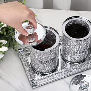 JUXYES Set of 4 Sparky Glass Crushed Diamonds Canisters Set for Sugar Coffee Tea Features Tray, Luxurious Storage Containers Sets with Lids Decorative Storage Pots for Kitchen Counter Dining Room