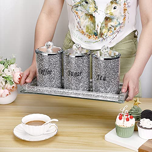 JUXYES Set of 4 Sparky Glass Crushed Diamonds Canisters Set for Sugar Coffee Tea Features Tray, Luxurious Storage Containers Sets with Lids Decorative Storage Pots for Kitchen Counter Dining Room