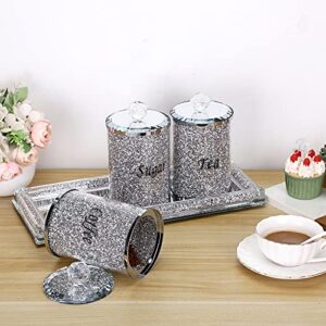 JUXYES Set of 4 Sparky Glass Crushed Diamonds Canisters Set for Sugar Coffee Tea Features Tray, Luxurious Storage Containers Sets with Lids Decorative Storage Pots for Kitchen Counter Dining Room